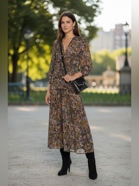 IRO Brown Multi Floral Midi Dress